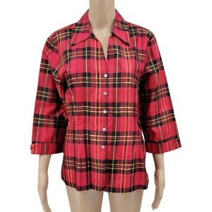 ROBBIE Bee Women's Vintage Silk Tartan Button Down Blouse Red Plaid Christmas